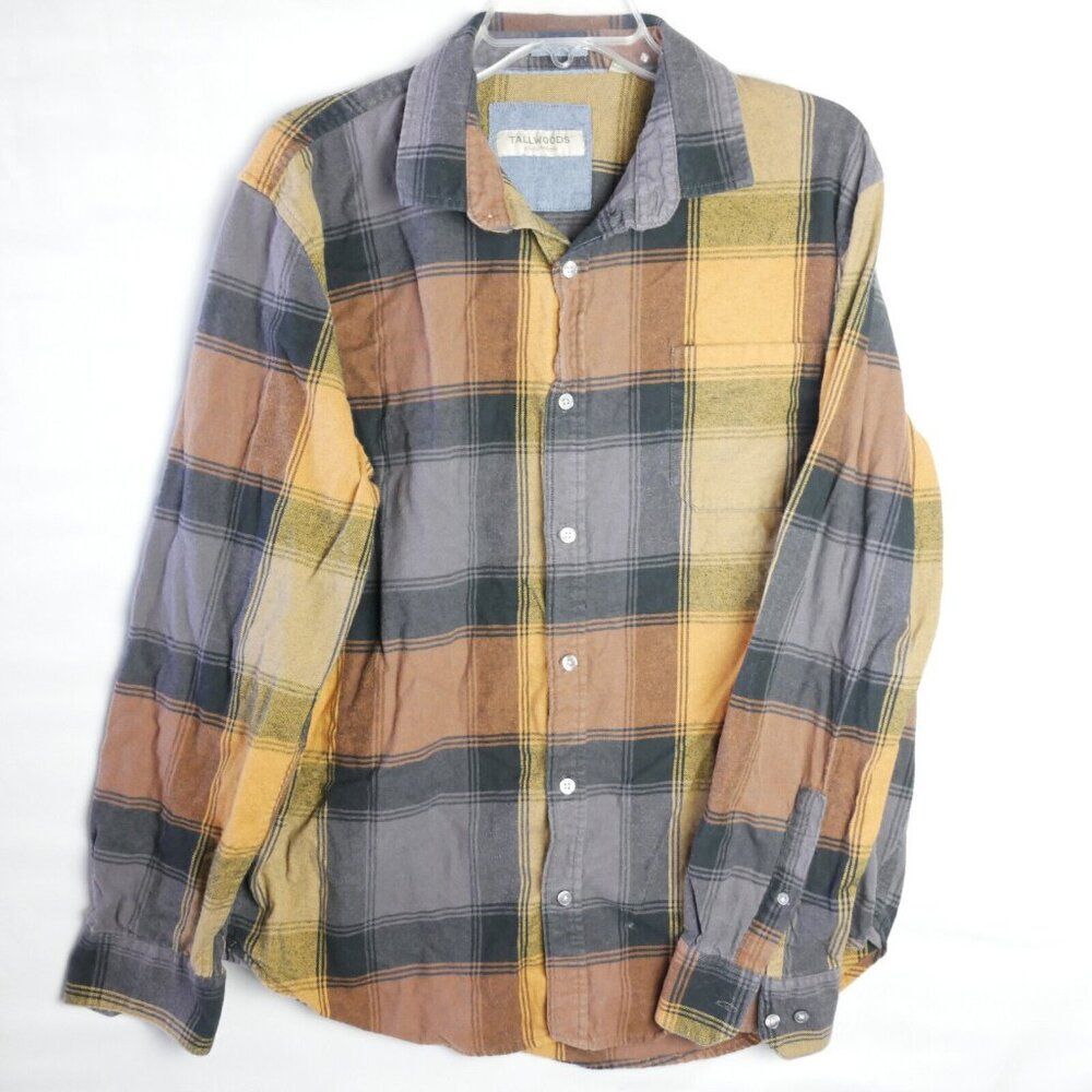 Tallwoods Bruno Milano Men's L Plaid Brown Orange Cotton Shirt Long Sleeve